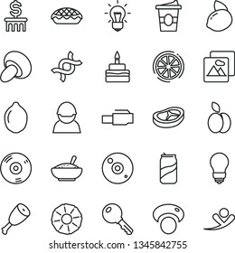 thin line vector icon set - bulb vector, key, picture, porcini, birthday cake, apple pie, a bowl of rice porridge, chicken thigh, bacon, coffe to go, soda can, yellow lemon, lime, slice, pineapple