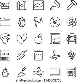 thin line vector icon set - folder vector, line chart, medical bag, small yule, trowel, concrete mixer, new roller, laying out, hammer, dust bin, flag, large grape, apricot, ripe pineapple, beans