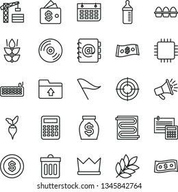 thin line vector icon set - wind direction indicator vector, upload folder, measuring bottle for feeding, tower crane, calculation, heating coil, dust bin, CD, address book, bundle of eggs, mint