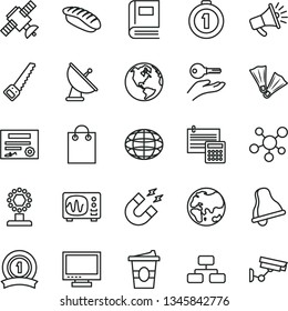 thin line vector icon set - bell vector, monitor, arm saw, calculation, flowchart, japanese sushi, coffe to go, planet, globe, horn, bag, molecule, satellite, book, oscilloscope, magnet, antenna