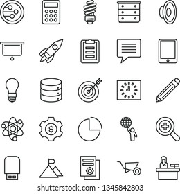 thin line vector icon set - image of thought vector, graphite pencil, zoom, loudspeaker, pie chart, chest drawers, building trolley, saving light bulb, big data, rocket, scientific publication, atom