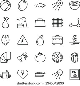thin line vector icon set - mug for feeding vector, baby bath ball, Kick scooter, sample of colour, suitcase, broken heart, artificial satellite, cake slice, tomato, small fish, pear, kiwi, guava