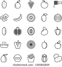 thin line vector icon set - noodles vector, cake, hot porridge, peper, French fries, popcorn, half pomegranate, large grape, apricot, mulberry, water melon, loquat, date fruit, passion, lemon, guava