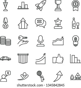 thin line vector icon set - positive histogram vector, thumb up, coins, chart, gold cup, star reward, growth graph, man hold world, arrow, arrows, pennant, medal with, flag, arm key, dialog, idea