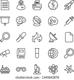 thin line vector icon set - omelette vector, printer, file, test tube, microscope, telescope, atom, glasses, zoom, brain, book, pipette, flame, scientist, earth core, satellite antenna, rocket, bang