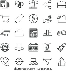 thin line vector icon set - shopping cart vector, lighthouse, briefcase, water filter, connection, man in sight, goal woman, rocket, three gears, planet, chart, statistical report, text highlighter