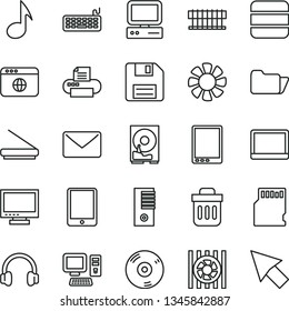 thin line vector icon set - floppy disk vector, monitor, computer, tablet pc, notebook, fan, radiator, keyboard, tower, hdd, cd, printer, scanner, headphones, browser, folder, trash bin, note, mail