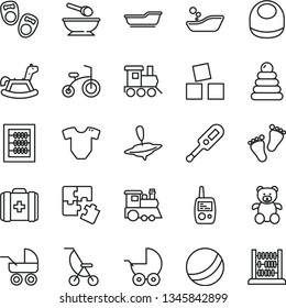 thin line vector icon set - new abacus vector, baby bib, t short, stroller, carriage, summer, electronic thermometer e, bath ball, children's bathroom, stacking rings, medical bag, toy mobile phone
