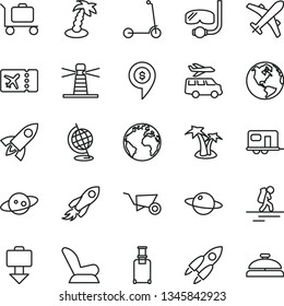 thin line vector icon set - sign of the planet vector, car child seat, Kick scooter, building trolley, lighthouse, space rocket, globe, saturn, dollar pin, earth, camper, backpacker, plane ticket