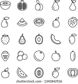 thin line vector icon set - strawberry vector, strawberries, apple, pear, orange slice, half pomegranate, quince, apricot, blackberry, blueberries, of melon, delicious plum, date fruit, tasty, lemon
