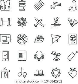 thin line vector icon set - plane vector, hang glider, backpacker, rope barrier, security gate, passenger, passport, phone registration, rolling case, atm, sun, palm tree, hawaii wreath, pool, safe