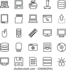 thin line vector icon set - laptop vector, monitor window, archive, screen, big data, move up, computer, tablet pc, notebook, mouse, tower, memory, cd, printer, usb flash, browser, floppy, joystick