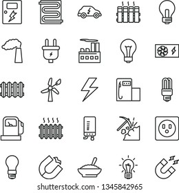 thin line vector icon set - lightning vector, matte light bulb, incandescent lamp, dangers, heating coil, radiator, new, electronic boiler, a bowl of buckwheat porridge, coal mining, gas station