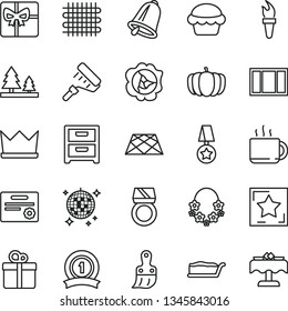 thin line vector icon set - window frame vector, paint roller, plastic brush, pavement, bell, nightstand, gift, cake, slice, cup of tea, squash, pumpkin, forest, weaving, giftbox, flame torch, star