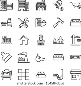 thin line vector icon set - building trolley vector, concrete mixer, small tools, siphon, level, buildings, city block, tile, brick, putty knife, paving slab, hammer with claw, core, home, factory