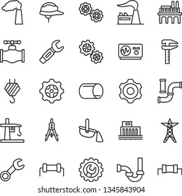 thin line vector icon set - hook vector, gears, cogwheel, sewerage, helmet, gear, valve, water pipes, manufacture, factory, hydroelectric station, power line, industrial enterprise, tower crane