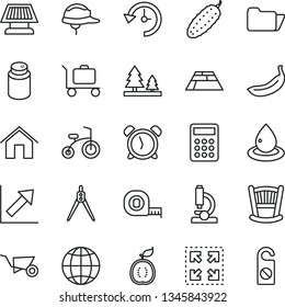 thin line vector icon set - alarm clock vector, growth chart, cradle, powder, child bicycle, building trolley, measuring tape, helmet, paving slab, home, earth, size, cucumber, banana, half of guawa