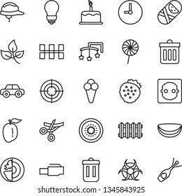thin line vector icon set - toys over the cot vector, motor vehicle, tumbler, bulb, ceramic tiles, helmet, new radiator, wall clock, dust bin, cake, lollipop, cone, strawberries, ripe plum, leaves