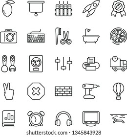 thin line vector icon set - camera vector, mark of injury, alarm clock, keyboard, accessories for a hairstyle, plastic fork spoons, brickwork, drill, bath, radiator, delivery, lemon, slice, monitor