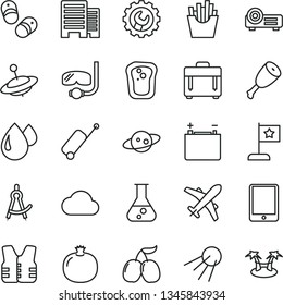 thin line vector icon set - yule vector, child shoes, buildings, gear, case, artificial satellite, chicken thigh, French fries, sandwich, pomegranate, tasty cornels, accumulator, drop, tablet pc