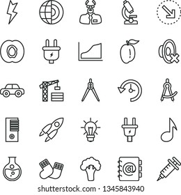 thin line vector icon set - silent mode vector, warm socks, motor vehicle, tower crane, lightning, address book, right bottom arrow, half apricot, ripe plum, broccoli, round flask, plug, electric