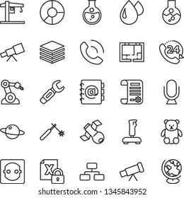 thin line vector icon set - small teddy bear vector, crane, lay out of flat, microphone, pile, flowchart, address book, 24, phone call, planet, round flask, power socket, drop, welding, robot welder