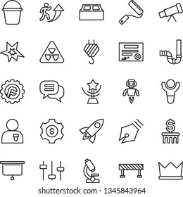 thin line vector icon set - hook vector, bucket, new roller, siphon, building block, star gear, road fence, microscope, telescope, nuclear, settings, robot, presentation board, patente, ink pen, cup