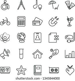 thin line vector icon set - delete page vector, gpu card, test tube, atom, book, globe, oscilloscope, magnet, calculator, drawing compass, growth graph, bike, identity, credit, boungalow, cocktail