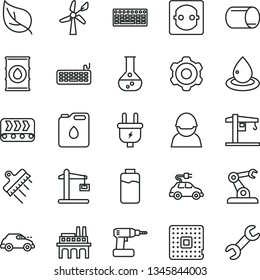 thin line vector icon set - crane vector, cogwheel, cordless drill, spatula, charge level, leaf, flask, wind energy, oil, plug, power socket, industrial enterprise, conveyor, racer, canister of