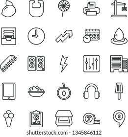 thin line vector icon set - growth up vector, archive, bib, comb, long meashuring tape, buildings, lightning, wall clock, regulator, a plate of fruit, lollipop, popsicle, cone, half cherry, drop oil
