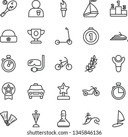 thin line vector icon set - child Kick scooter vector, warm hat, timer, car, pedestal, stopwatch, flame torch, winner, laurel branch, prize, pawn, star reward, man with medal, pennant, first place