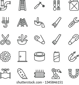 thin line vector icon set - scissors vector, safety pin, open, iron fork spoons, winch hook, hand saw, arm, stepladder, ladder, ntrance door, gear, knife, canned goods, soda can, valve, water pipes