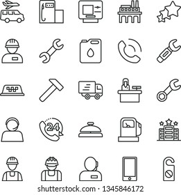 thin line vector icon set - builder vector, workman, hammer, smartphone, 24, phone call, gas station, modern, industrial enterprise, canister of oil, steel repair key, dispatcher, operator, taxi
