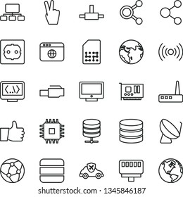 thin line vector icon set - power socket type f vector, thumb up, screen, big data server, autopilot, satellite dish, SIM, connection, connections, scheme, cpu, pc card, router, network, browser