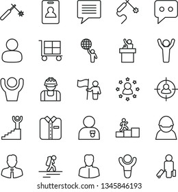 thin line vector icon set - image of thought vector, cargo trolley, employee, folded shirt, racer, builder, welding, gas, woman, man, in sight, think, winner, carrer stairway, hold world, hands up