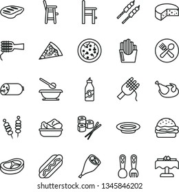 thin line vector icon set - plates and spoons vector, a chair for feeding, child, plastic fork, sausage, cheese, fried vegetables on sticks, pizza, piece of, Hot Dog, burger, spaghetti, noodles