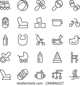 thin line vector icon set - toys over the cradle vector, dummy, mug for feeding, bottle, measuring, bib, beanbag, baby rattle, chair, car child seat, stroller, summer, duckling, bath ball, tumbler