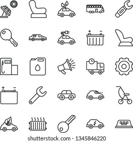 thin line vector icon set - truck lorry vector, Baby chair, car child seat, summer stroller, motor vehicle, key, delivery, big solar panel, modern gas station, accumulator, battery, canister of oil