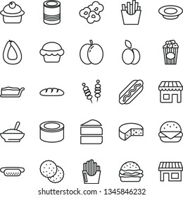 thin line vector icon set - stick of sausage vector, cheese, loaf, canned goods, tin, fried vegetables on sticks, Hot Dog, mini, big burger, cake, muffin, piece, slice, a bowl buckwheat porridge