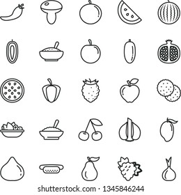 thin line vector icon set - mini hot dog vector, mushroom, a bowl of buckwheat porridge, rice, plate fruit, orange slice, biscuit, cherry, half pomegranate, branch grape, red apple, fig, water melon