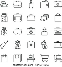 thin line vector icon set - paper bag vector, first aid kit, toys over the cot, of a paramedic, medical, portfolio, case, with handles, package, cart, briefcase, wallet, purse, dollars, hand, money