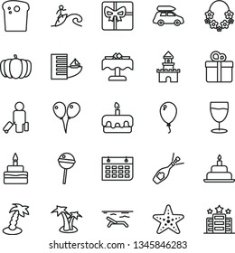 thin line vector icon set - colored air balloons vector, balloon, birthday cake, gift, Easter, torte, Chupa Chups, glass, pumpkin, wall calendar, giftbox, sand castle, champagne, car baggage, hotel