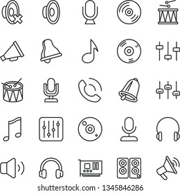 thin line vector icon set - bell vector, desktop microphone, horn, loudspeaker, silent mode, drumroll, drum, headphones, music, CD, regulator, volume, phone call, pc card, speaker, note, settings