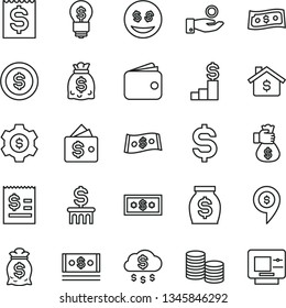 thin line vector icon set - coins vector, denomination of the dollar, article on, financial item, catch a coin, wallet, money, dollars, cash, bag hand, rain, mortgage, pedestal, column, gear, idea