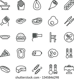 thin line vector icon set - plates and spoons vector, a chair for feeding, plastic fork, iron, sausage, stick of, cheese, piece pizza, Hot Dog, mini, burger, spaghetti, noodles, grill chicken leg