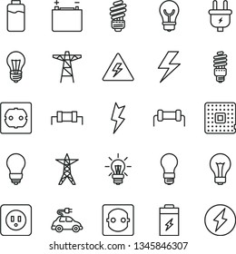 thin line vector icon set - lightning vector, danger of electricity, matte light bulb, saving, power socket type b, f, charge level, charging battery, accumulator, line, pole, plug, energy, resistor