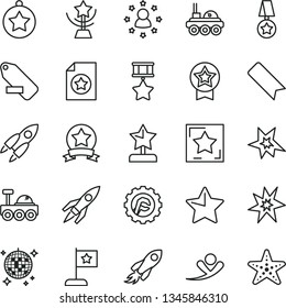 thin line vector icon set - bookmark vector, remove label, star gear, space rocket, lunar rover, bang, cup, reward, medal, flag, hero, ribbon, certificate, stars around man, flying, disco ball