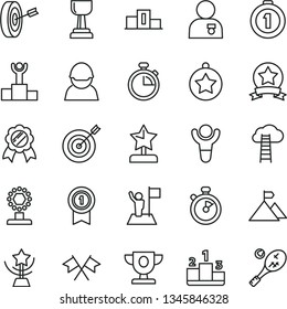 thin line vector icon set - stopwatch vector, pedestal, racer, winner, podium, prize, cup, gold, star, reward, man with medal, flag, mountain, target, purpose, first place, pennant, ribbon, tennis