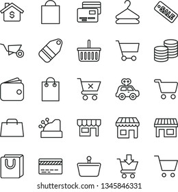 thin line vector icon set - paper bag vector, grocery basket, bank card, motor vehicle present, building trolley, put in cart, crossed, with handles, cards, kiosk, coins, hanger, label, stall, hand