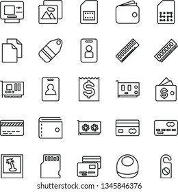 thin line vector icon set - bank card vector, purse, clean paper, baby bib, picture, cards, label, SIM, reverse side of a, front the, financial item, wallet, memory, pc, gpu, sd, identity, atm